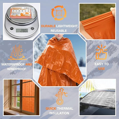 SecuCaptain Survival Emergency Thermal Blankets: Thicken 28um Space Mylar Blanket Kit for Outdoor Cold Winter Camping, Hiking, Car Bug Out Bag, or First Aid - Orange 4 Pack