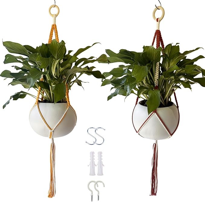 feedee 2 Pack Plant Hanger Indoor, Hanging Plant Holder, Macrame Plant Hangers, Handmade Boho Two-Tone Plant Hanger, Indoor Outdoor Flower Pots Holder, Home Décor Ivory (POTS NOT Included)