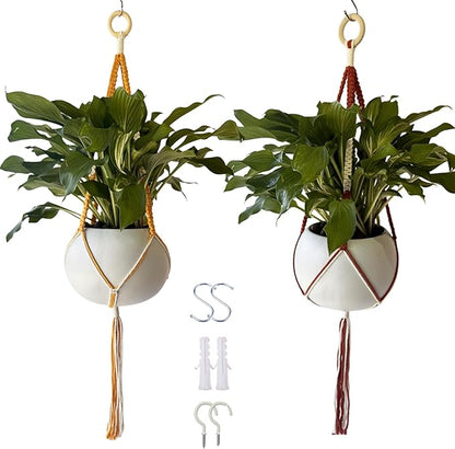 feedee 2 Pack Plant Hanger Indoor, Hanging Plant Holder, Macrame Plant Hangers, Handmade Boho Two-Tone Plant Hanger, Indoor Outdoor Flower Pots Holder, Home Décor Ivory (POTS NOT Included)