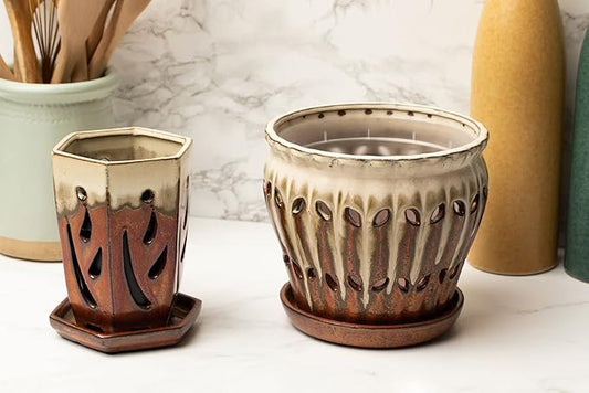 rePotme 4 x 6 inch Ceramic Orchid Pot (Honey Cream Over Copper) - Hexagon Orchid Pot with Holes