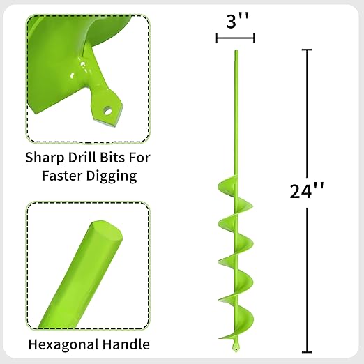 TCBWFY 3x24 Inch Auger Drill Bit for Planting,Easy Planter Garden Auger for Bulbs, Bedding Plants & Post Holes - Compatible with 3/8" Hex Drive