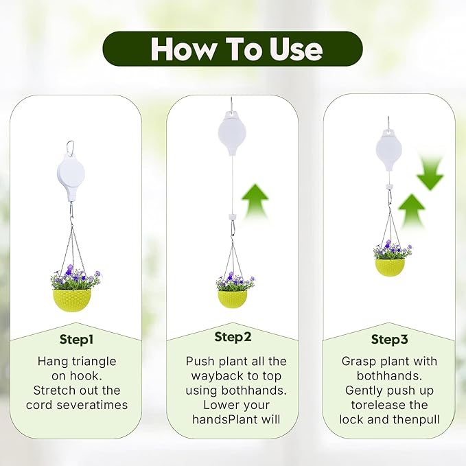 Retractable Plant Hanger with Pulley System, Effortless Raising and Lowering for Indoor and Outdoor Plants, Hanging Planters, Garden Pots & Bird Feeders (4-Pack,White)
