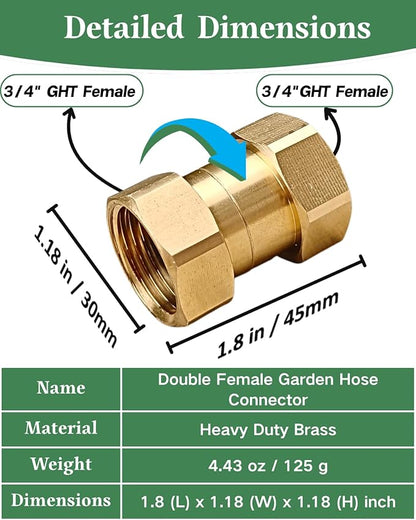3/4 GHT Garden Hose Nozzle Swivel Connector,Female to Female Adapter Fitting Anti Twisting for Splitter,Sprinklers,Pet Washers,Water Barrels,RV,Hose Reel (Brass)