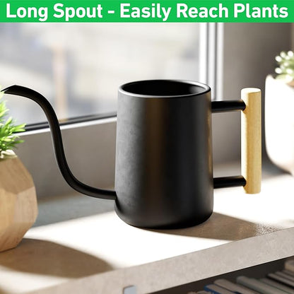 35 Ounce Metal Small Indoor Watering Can with Long Spout & Real Wood Handle for House Plants, Succulents, Cacti & Seedlings - Black Long Spout Watering Can Indoor Plants - Gentle Flow & No Spills