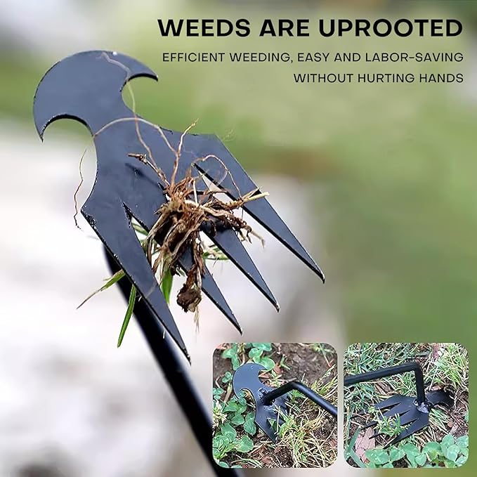 Garden weeding tool 4-tooth manganese steel forged manual weeder Portable root weeding tool Suitable for vegetable gardening backyard farm planting 19.7-inch gardening weeding tool (2-pack)