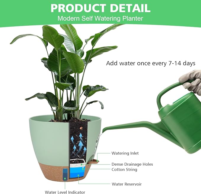 12" 10" 9" 8" Self Watering Pots with Water Level Indicator, Large Plastic Planters Set with Mesh Drainage Hole and Removable Saucer Reservoir, Big Flower Pot for Indoor Outdoor Plants (Green)