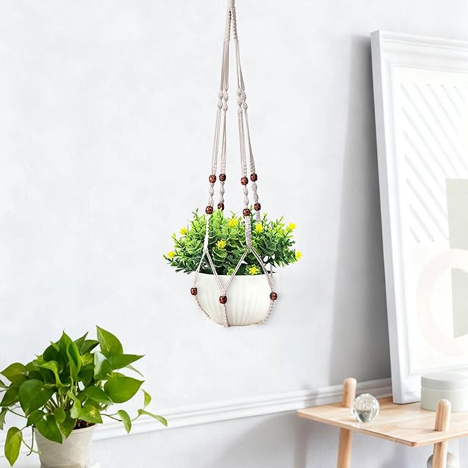 35 Inch Macrame Plant Hanger, Hanging Planter Basket with Wood Beads, Decorative Flower Pot Holder for Indoor Outdoor Boho Home Decor, Set of 2 (Ivory)