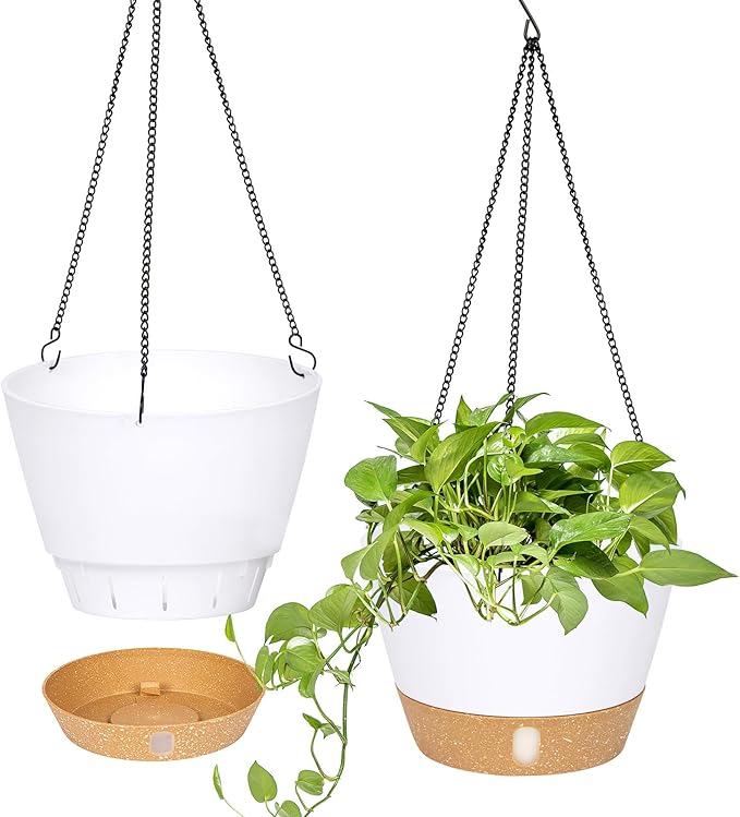 QCQHDU 2 Pack 10 Inch Hanging Planters for Indoor Outdoor Plants, Hanging Baskets Flower Pots with Reservoir Tray & Visible Water-Level