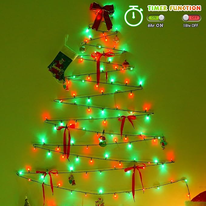 YEGUO 200 LED 66ft Christmas Lights Outdoor Waterproof, Red and Green String Lights Indoor, Green Wire Twinkle Tree Lights Plug in with Timer Memory 8 Modes