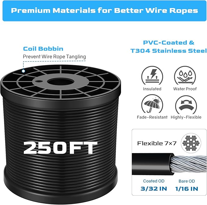 NEREUS String Light Hanging Kit with 250 Ft Vinyl Coated 304 Stainless Steel Cable, String Light Suspension Kit, Guide Wire with Turnbuckles and Hooks for Patio, Backyard Lighting Accessories