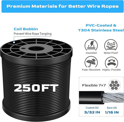 NEREUS String Light Hanging Kit with 250 Ft Vinyl Coated 304 Stainless Steel Cable, String Light Suspension Kit, Guide Wire with Turnbuckles and Hooks for Patio, Backyard Lighting Accessories