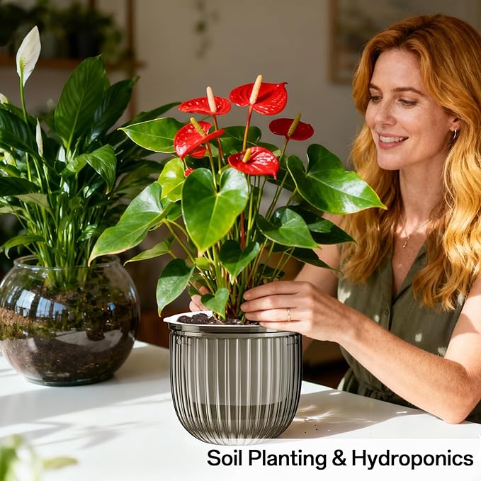 Halatool 2 Pack Self Watering Hanging Planters for Plants, 8.3 Inch Hanging Baskets, 3 Hooks Plant Hangers with Drainage Holes for Gardening (Gray)