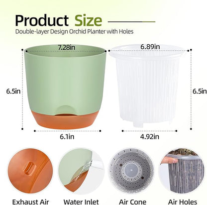 QCQHDU 2 Pack 7.2 Inch Orchid Pots with Holes for Repotting, Double-Layer and Self Watering Orchid Pot with Good Air Circulation