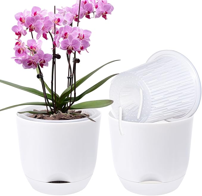 QCQHDU 2 Pack 7.2 Inch Orchid Pots with Holes for Repotting, Double-Layer and Self Watering Orchid Pot with Good Air Circulation