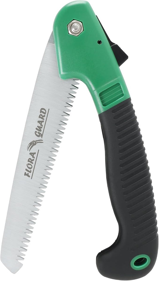 FLORA GUARD 7.7-Inch Folding Hand Saw, Pruning Saw with Trible-Cut Razor Teeth for Wood Cutting, Tree Trimming, Professional Camping Gardening Tools (Green)
