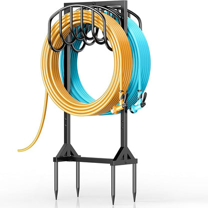 Garden Water Hose Holder Holds 2 * 150Ft Hoses, Heavy-Duty Metal Freestanding Hose Holder with 4 Spikes, Rustproof Garden Hose Reels Hose Hanger Storage for Outside, Yard, Lawn, Farm, Black