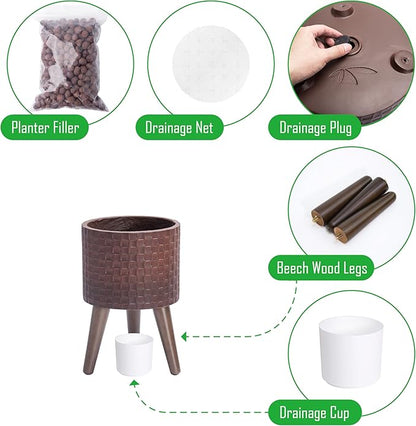 D'vine Dev 8 Inch Modern Geometric Tile Patterned Sleek Planter Pot with Stand, Indoor Outdoor Decorative Plant Holder, Espresso, 88-Z-A-6