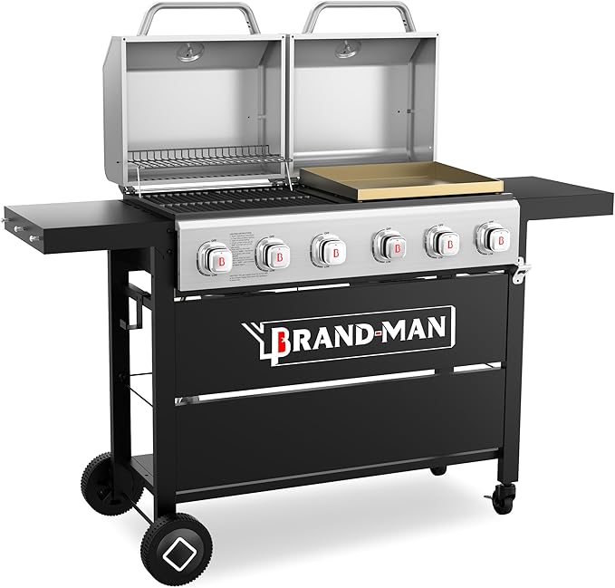 Brand-Man Griddle Grill Combo 6-Burner, 2 in 1 Versatile Propane Gas Grill and Griddle with Double Stainless Steel Lids, BBQ Combo for Outdoor Kitchen & Backyard Barbecue Cooking