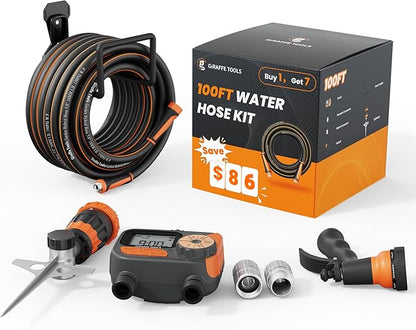 Giraffe Tools Garden Hose 100ft x 5/8", Water Hose Heavy Duty, Flexible with Watering Timer Nozzle and Yard Sprinkler, Lightweight Hybrid Hose with Swivel Handle, Male to Female Fittings