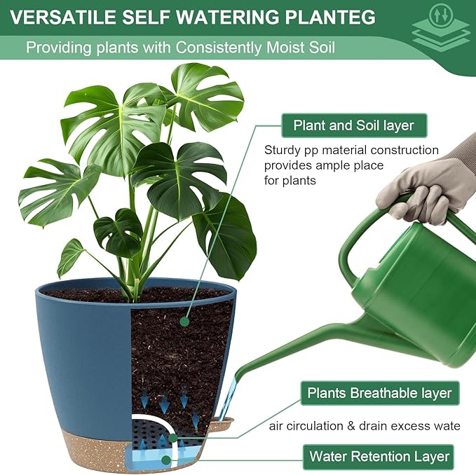 montresor 2-Pack of 8inch Self Watering Pots Blue Sturdy Plastic Flower Pot for Indoor Plants with Cotton Rope and Visual Water Storage Tray, Plastic Pots for Plants