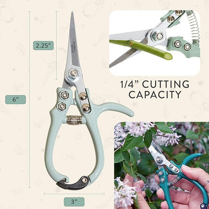 Modern Sprout Pruning Shears, Herb Snipping Scissors, Lightweight Gardening Tools W/Easy Lock, Flower Cutter Garden Shears, Carbon Steel Blade + Reusable Holster (Green, 1-Pack)
