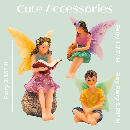 PRETMANNS Fairy House Kit - Fairy Garden Accessories for Outdoor Miniature Village Decor, with Three Fairies - House, 9" High & Treehouse Door can Open Wide - 4 Piece Supplies