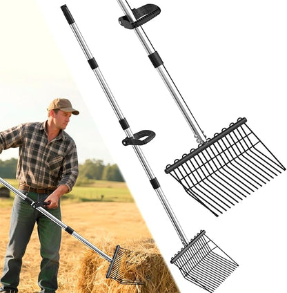 Pitch Forks for Garden with 18 Tines, 53" Non-Slip Adjustable Steel Handle, Durable Broadfork for Turning Mulch and Hay, Gardening Pitchfork with Universal Extension Handle Attachment For Licorice