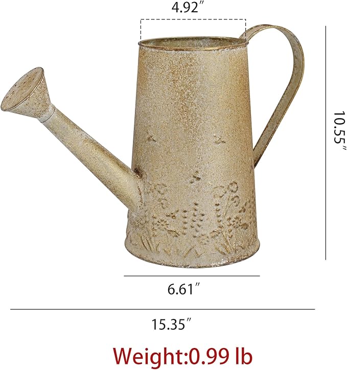 Vintage Distressed Gold Flower & Garden Watering Can, Decorative Metal Watering Pot Planter for Home Patio Backyard Outdoor Plant Care, Rustic Farmhouse Home Decor Accent