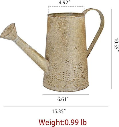 Vintage Distressed Gold Flower & Garden Watering Can, Decorative Metal Watering Pot Planter for Home Patio Backyard Outdoor Plant Care, Rustic Farmhouse Home Decor Accent