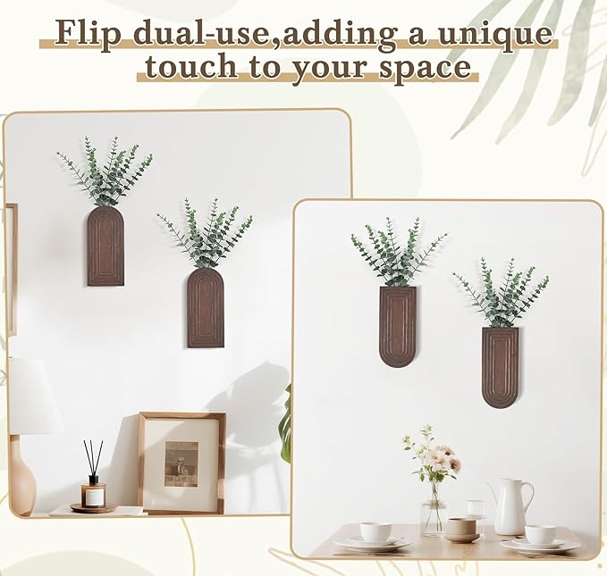 Dahey Wood Wall Vase Planter with Artificial Eucalyptus, 2 Pack Hanging Planter for Indoor Fake Plants Modern Boho Farmhouse Wall Art Decor for Bathroom Bedroom Kitchen Office Home Decoration, Brown
