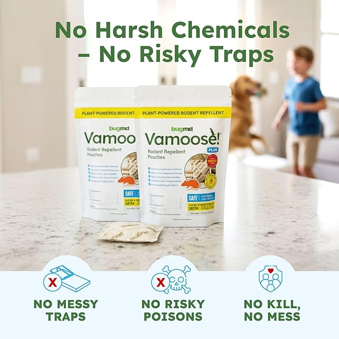 BugMD Vamoose! Plus Peppermint Oil Mouse Repellent Pouches | Natural Mice Repellent Indoor & Rat Deterrent for House, Garage, RV, Car & Storage | Plant-Powered Rodent Control - 4 Pack - 16 Pouches