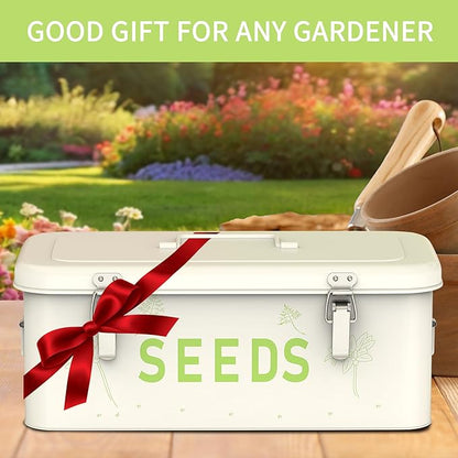 Orionstar Seed Storage Organizer, Metal Seed Saving Box with Lid, Seed Bin with 30 Plant Labels 30 Seed Envelopes 1 Marker Pens, 4 Compartments Box with Safety Locks, White