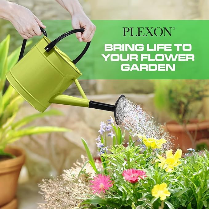 Plexon 1 Gallon Metal Watering Can Outdoor, Flower Plant Gardening Garden Large Watering Can Pot, Black Galvanized Steel Handles and Removable Spray Spout, Green