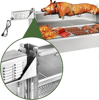 Rotisserie Grill Charcoal Spit Roaster, Stainless Steel 46" Pig Lamb Hooded Roaster Charcoal Spit with 30W Motor & Adjustable Height Lockable Casters for Party Barbecue, Rated 150 LB