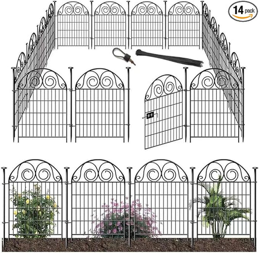 Tall Garden Animal Barrier Fence with Gate, 36 in(H)×30.6 Ft(L) 14 Panels Dog Digging Fence Barrier, Black Heavy Duty Metal Temporary Fences, Reusable Defense Fencing for Outdoor Yard│Patented