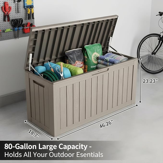 80 Gallon Resin Deck Box, Outdoor Storage Container for Patio Furniture Cushions, Garden Tools, Pool Accessories & Yard Equipment - All-Weather, Lockable, Wood Grain Design