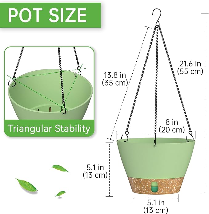 ZMTECH 8 Inch Hanging Planters for Indoor Plants, Hanging Baskets for Plants Outdoor with Visible Water Level, Hanging Flower Pots with Drainage Holes & Removable Tray(2 Pack, Green)