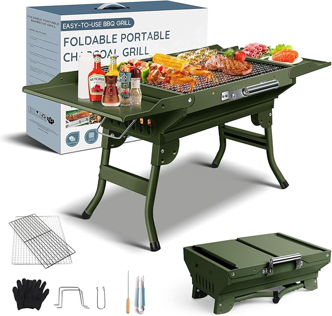 Portable Charcoal Grill Foldable Grills BBQ Grill Charcoal Small Grill for Travel, Camping, Outdoor Cooking, Backyard, Hiking, Patio Garden, Picnics, Green