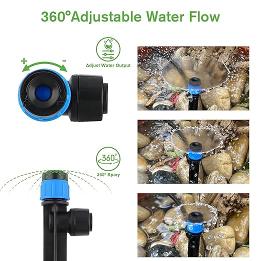 100PCS Drip Irrigation Emitters, Kalolary Adjustable 360 Degree Water Flow Drippers Emitters for 1/4" Drip Irrigation System Tubing, Garden Irrigation Drippers for House Garden Flower beds(Blue)