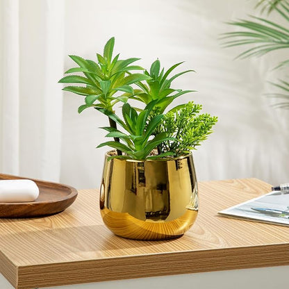 Briful Artificial Succulents Plants in Ceramic Pot, Faux Succulent with Gold Planters – Modern Desk Decor for Home Office Shelf Bathroom, Small Fake Plants Potted