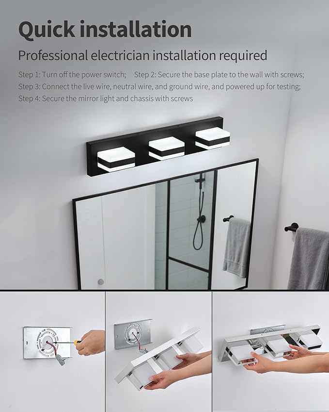 Bathroom Lighting Fixtures Over Mirror, 3 Light Bathroom Vanity Light Fixtures with Cool White 5000K, Matte Black LED Modern Vanity Wall Lights for Bath, Dressing Room, Restroom, 21.6 inch