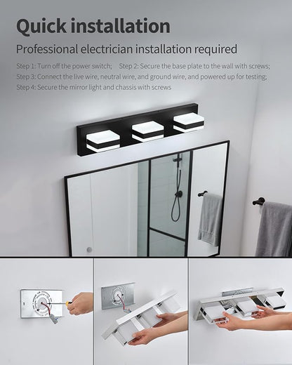 Bathroom Lighting Fixtures Over Mirror, 3 Light Bathroom Vanity Light Fixtures with Cool White 5000K, Matte Black LED Modern Vanity Wall Lights for Bath, Dressing Room, Restroom, 21.6 inch