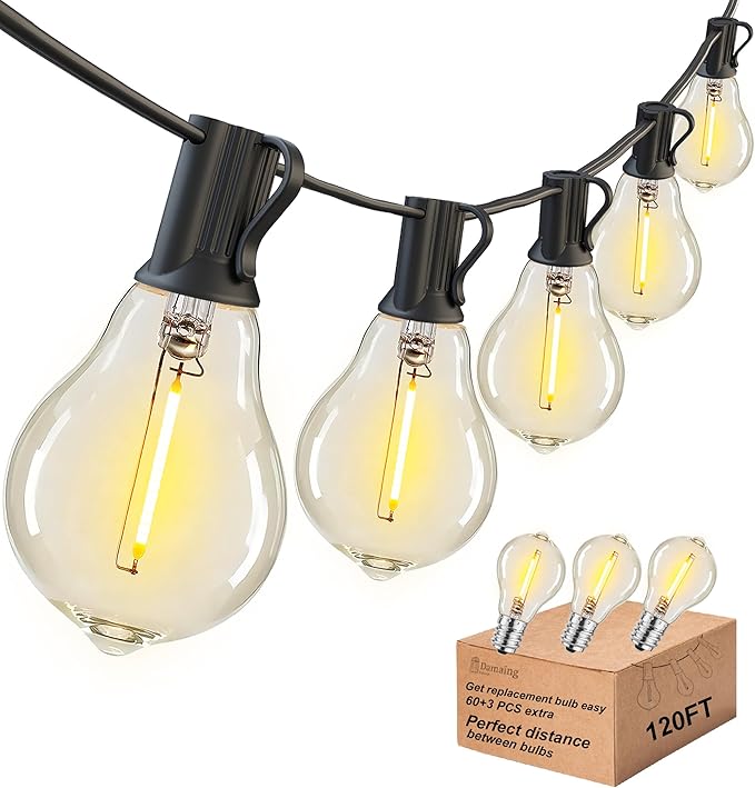 DAMAING Outdoor String Lights 120FT Waterproof Patio String Lights with 63 Shatterproof Dimmable A39 LED Bulbs, Connectable Outdoor Lighting for Backyard Porch Bistro and Balcony 2200K Black Cord