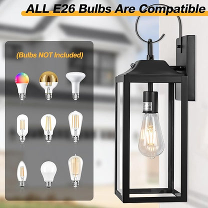 Black Dusk to Dawn Outdoor Wall Lantern, 19" Large Outside Modern Wall Sconce Light Fixture, Farmhouse Porch Light Waterproof for House