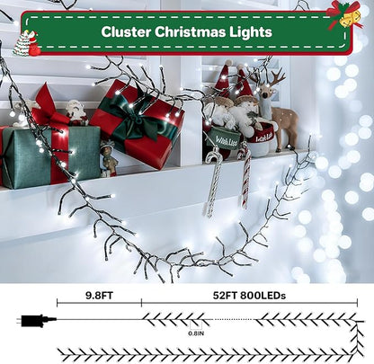 Christmas Cluster Lights Plug-in -52FT 800 LED Firecrackers String Lights,8 Modes Timer Waterproof Twinkle Fairy Lights for Christmas Tree Garland Party (Cool White)