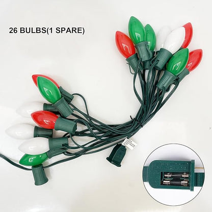 SUNSGNE C9 Christmas String Lights, 25 Feet Vintage Christmas Tree Lights with 26 7W Red Green White Glass Bulbs(1 Spare) for Patio Balcony Xmas Decor, Green Wire