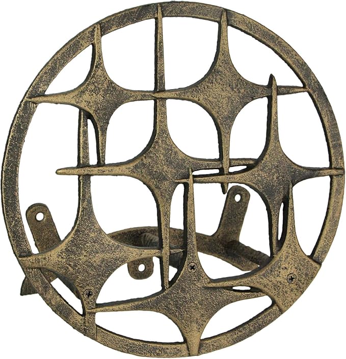 Bronze Finish Cast Iron MCM Stars Wall Mounted Hose Holder - Stylish Mid-Century Modern Garden Decor Solution - 11.5 Inches in Diameter, Weather-Resistant
