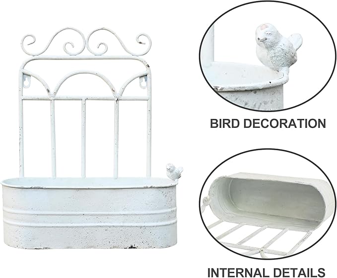 Rustic Metal Wall Planter Vintage Wall Mounted Flower Pot Distressed Wall Hanging Plant Basket Farmhouse Wall Decor for Indoor Outdoor Garden Home Yard (White)
