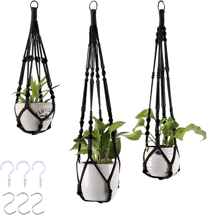 3-Pack Macrame Plant Hanger Indoor - Hanging Planter Basket for Indoor Outdoor - Decorative Boho Plant Holders Set with Beads - Ceiling Flower Pot Holder with 6 Hooks - 35"/30"/24" Black