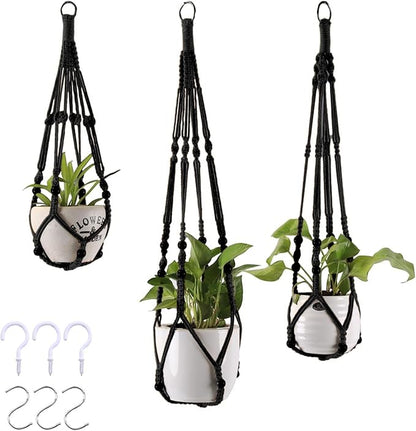 3-Pack Macrame Plant Hanger Indoor - Hanging Planter Basket for Indoor Outdoor - Decorative Boho Plant Holders Set with Beads - Ceiling Flower Pot Holder with 6 Hooks - 35"/30"/24" Black